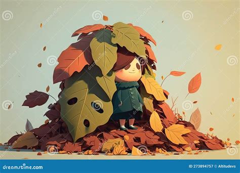 Cute Cartoon Character with Leaf Pile in the Park Stock Image - Image ...