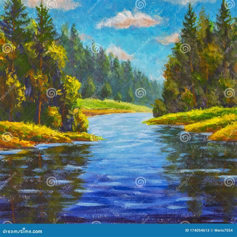 Beautiful River Landscape Acrylic Painting. Russian Forest Summer ...