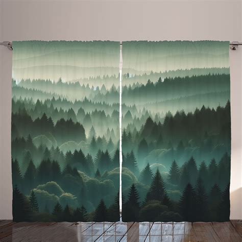 Latitude Run® Curtains 2 Panel Set, Foggy Forest Panorama Teal and ...