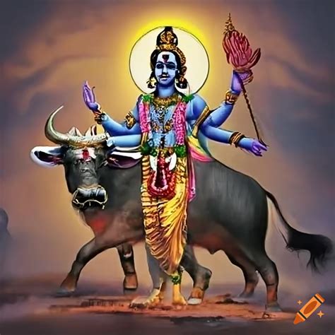 Artwork of lord yama, hindu god of death riding a buffalo on Craiyon