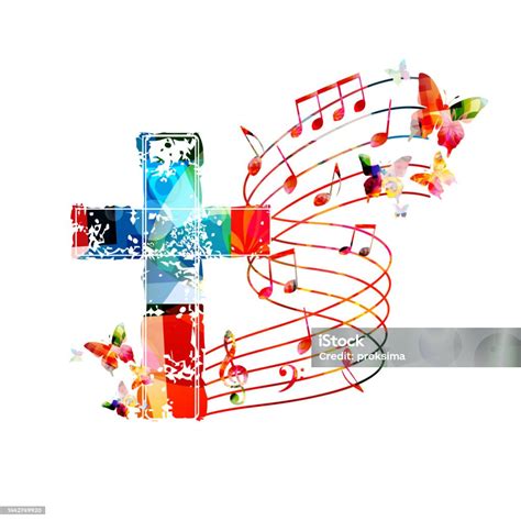 Colorful Vibrant Christian Cross With Musical Notes Stave Isolated ...