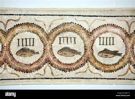 'Five fish doorstep' mosaic, El Djem Archeological Museum, El Djem ...