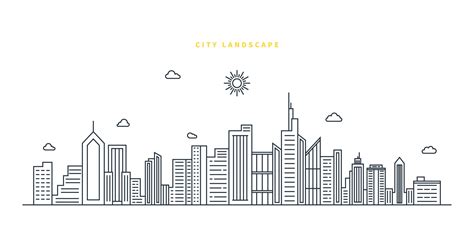 Cityscape. Modern flat line landscape vector. City landscape line art ...