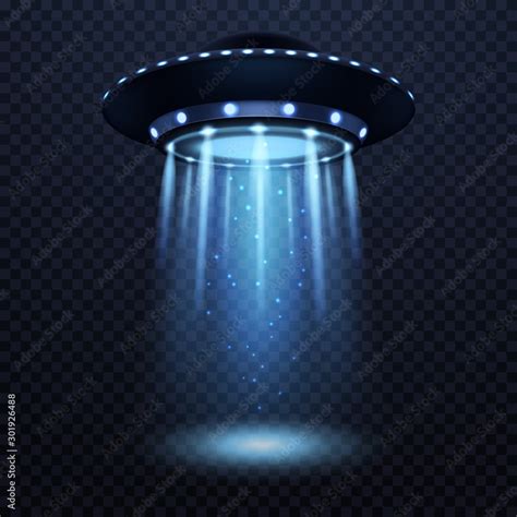 UFO. Realistic alien spaceship with blue light beam, futuristic sci fi ...