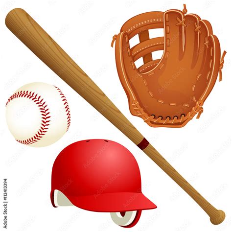 Vector illustration of a variety of baseball equipment: a bat, a ball ...