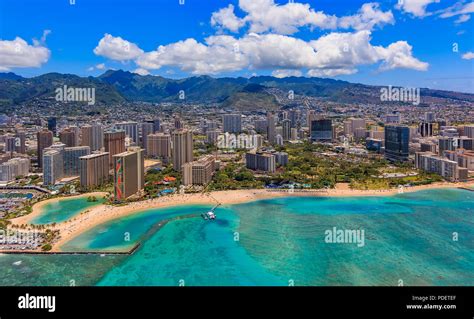 Aerial view of Waikiki Beach in Honolulu Hawaii from a helicopter Stock ...