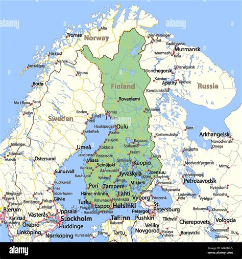 Map of Finland. Shows country borders, urban areas, place names and ...