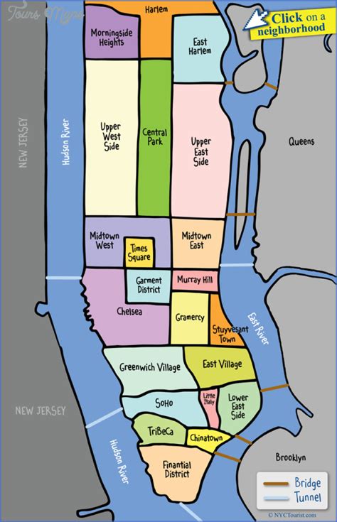 New York neighborhoods map manhattan - ToursMaps.com