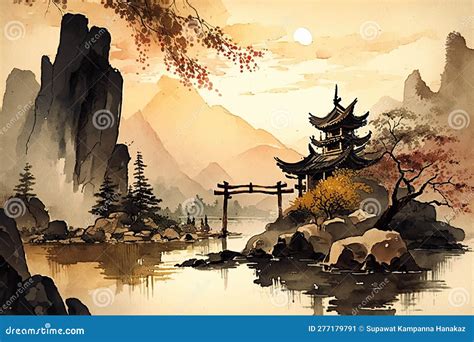 Chinese Ink Landscape Painting Stock Illustration - Illustration of ...