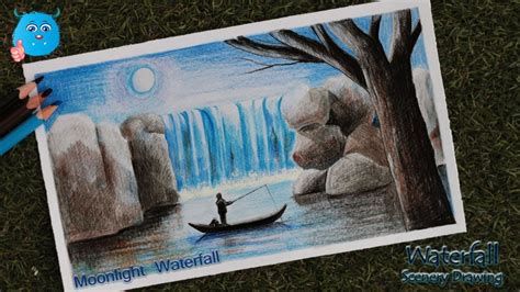 Waterfall Beautiful Scenery Drawing With Pencil Colour - Colouring is ...