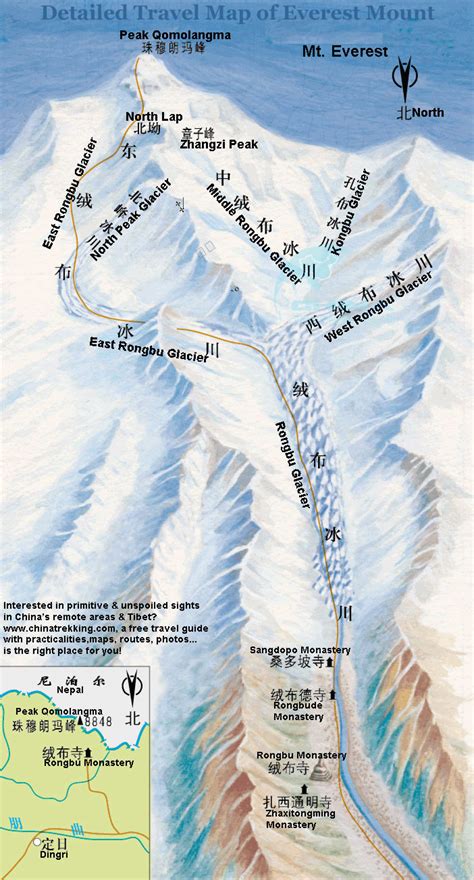 Map of Everest Mount - Qomolangma Peak, Attractions, Glaciers, Monasteries