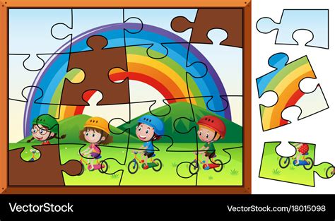 Jigsaw puzzle game with kids riding bike Vector Image