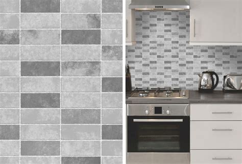 Grey Stone Tile Effect Wallpaper Expanded Vinyl Kitchen Bathroom ...