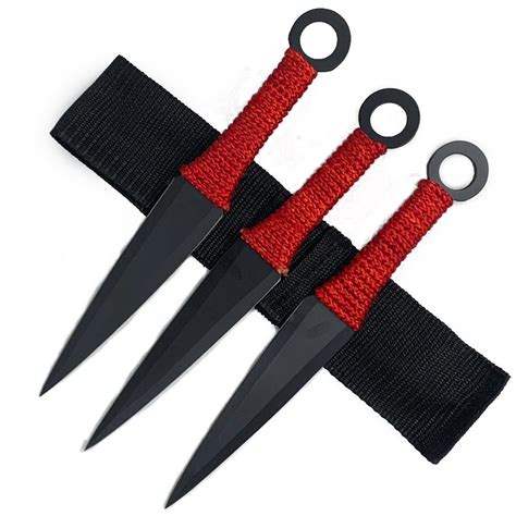 Naruto Kunai Throwing Knives 3 Pc Set w/ Ring Anime - 9" Black w/ Red ...