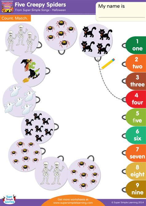 Five Creepy Spiders Worksheet - Count & Match - Super Simple