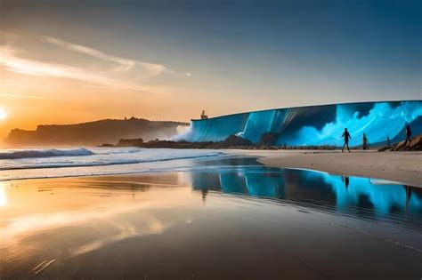 Premium AI Image | A wave breaks on the beach at sunset.