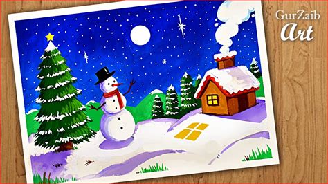 How to draw Christmas scenery drawing and painting with Christmas tree ...