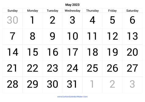 May 2023 Calendar Printable With Large Numbers