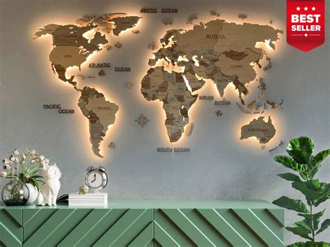 3D World Map With LED Natural Wood Map of the World Large - Etsy