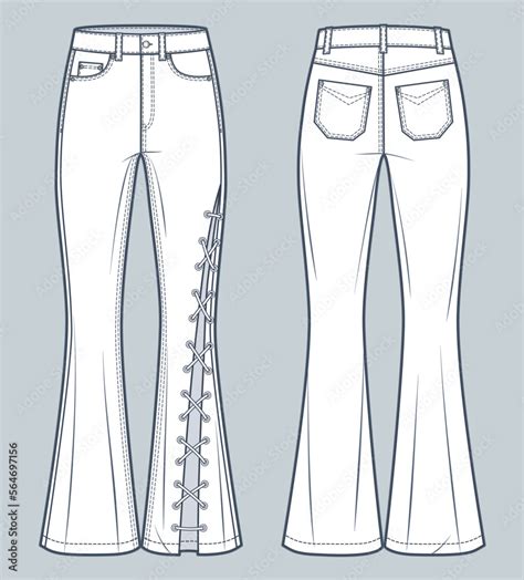 Flared Jeans Pants technical fashion illustration. Lace-up Denim Pants ...