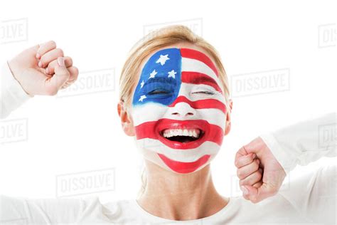 Happy girl with American flag face paint isolated on white - Stock ...