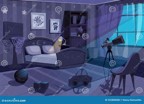 Cartoon Empty Kid Boy Bedroom at Night Stock Vector - Illustration of ...