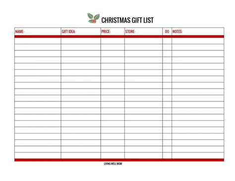 Christmas Gift List Template | Free List Templates