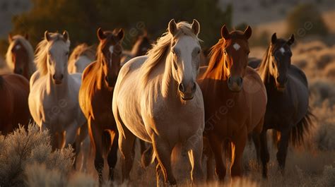 Group Of Horses Looking At A Sunset Background, Pictures Of Wild Horses ...