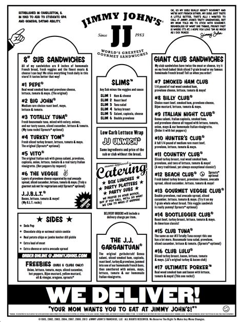 Jimmy John's Menu Printable Menu With Prices