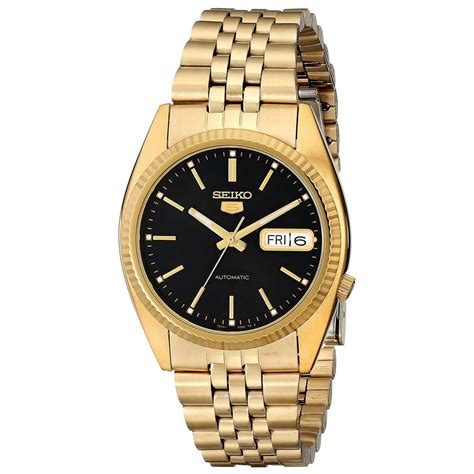 Seiko Men's SNXZ16 5 Automatic Black Dial Yellow Gold Plated Steel ...