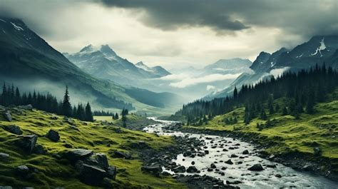 Premium AI Image | Mountain range foggy forest animal and birds in ...