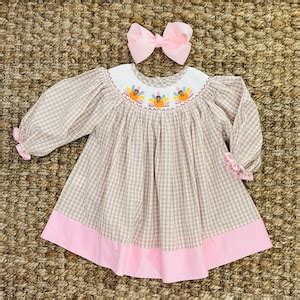 Smocked Turkey Thanksgiving Dress in Tan and Pink Fall, Bishop Dress ...