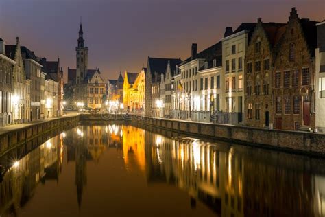 Bruges, Belgium at night stock photo. Image of medieval - 55169434