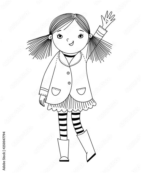 Little girl is waving her hand. Black and white illustration for ...