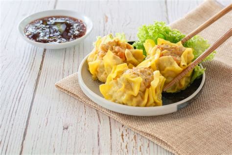 Chinese Steamed Dumpling Shumai On White Dish Served With Soy Sauce And ...