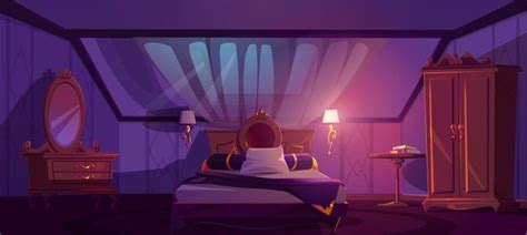 Download Luxury Bedroom Interior On Attic At Night. Vector Cartoon ...