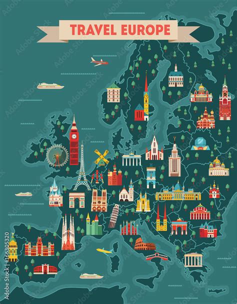 Europe travel map poster. Travel and tourism background. Vector ...