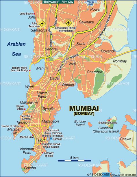 the map of mumbai, india with all major cities and roads on it's borders