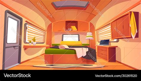 Camping rv trailer car interior with unmade bed Vector Image