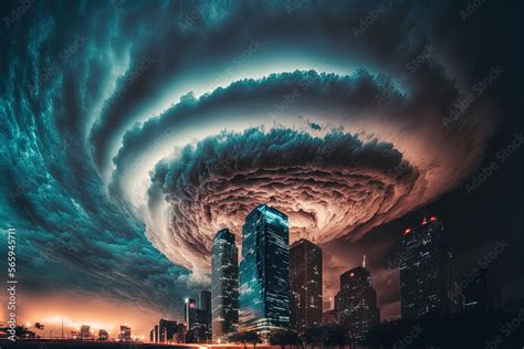 Massive supercell over skyscrapers. Storm photography. Generative AI ...