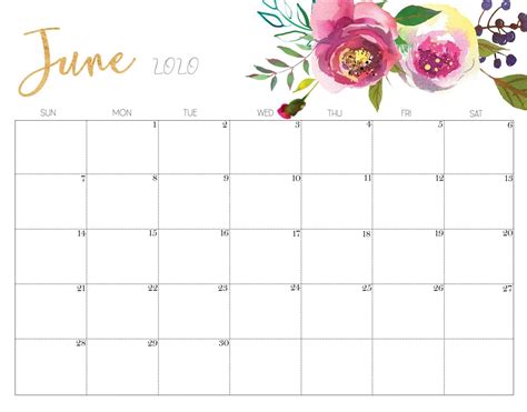 June Monthly Calendar Printable