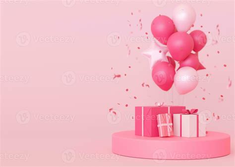 Pink background with helium balloons, gifts and copy space. It's a girl ...