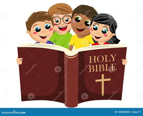 Small Group of Multicultural Kids Reading the Holy Bible Book Isolated ...