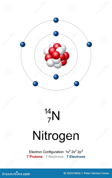 Nitrogen, Atom Model of Nitrogen-14 with 7 Protons, 7 Neutrons and 7 ...