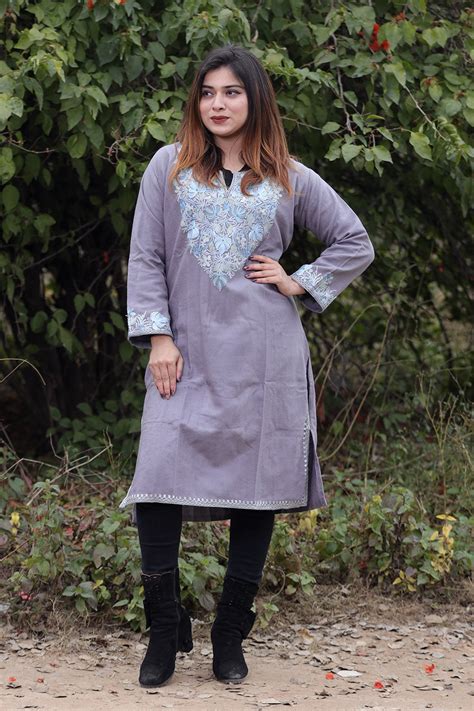 Grey color aari work embroidered kurti with new designer floral