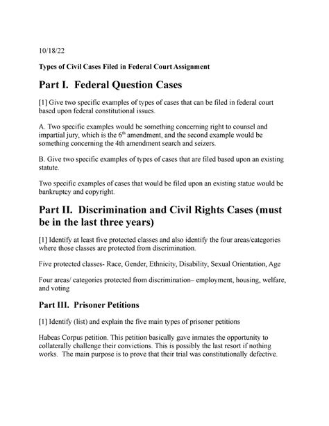 Types of Civil Cases Filed in Federal Court Assignment - 10/18/ Types ...