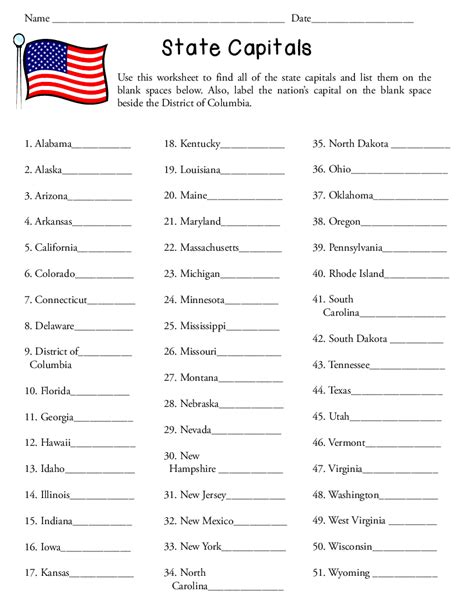 Free Printable 50 States And Capitals Quiz