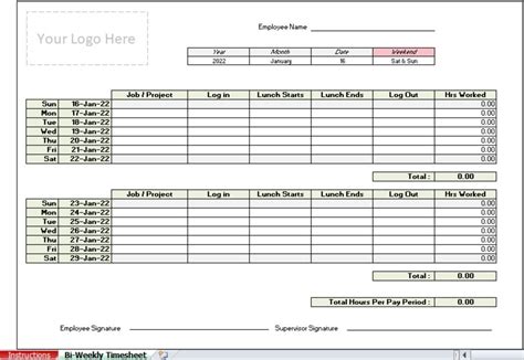 Bi-weekly Employee Timesheet Template excel, With Training Instructions ...