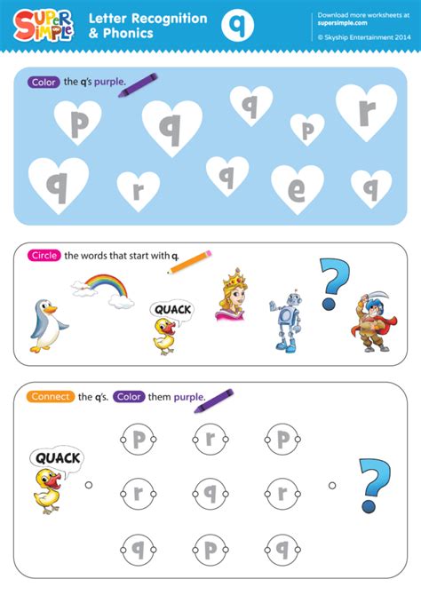 Letter Recognition & Phonics Worksheet - q (lowercase) - Super Simple