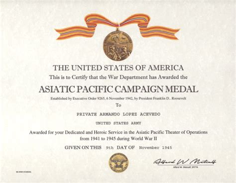 Asiatic-Pacific Campaign Medal Certificate